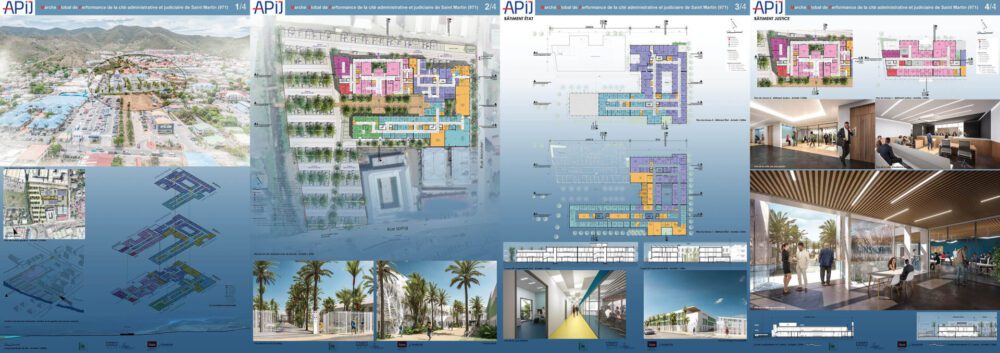 Concours pour le nouveau palais de justice et préfecture de Saint-Martin Perspective intérieure, perspective extérieure et vue aérienne avec intégration drone, rendu complet des panneaux de concours