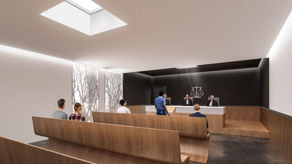 Concours pour le nouveau palais de justice et préfecture de Saint-Martin Perspective intérieure, perspective extérieure et vue aérienne avec intégration drone, rendu complet des panneaux de concours