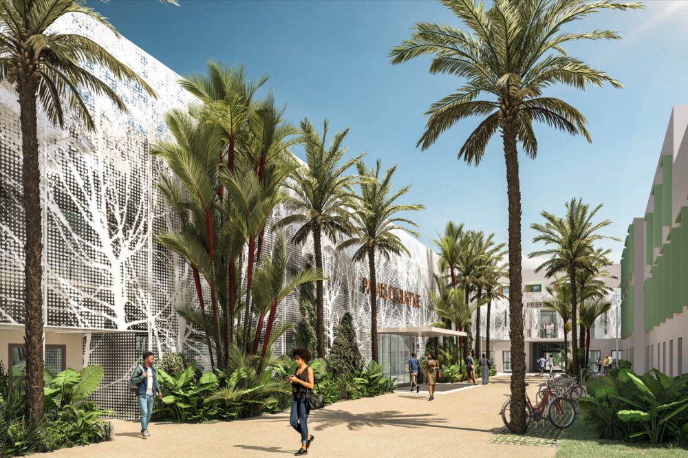 Concours pour le nouveau palais de justice et préfecture de Saint-Martin Perspective intérieure, perspective extérieure et vue aérienne avec intégration drone, rendu complet des panneaux de concours