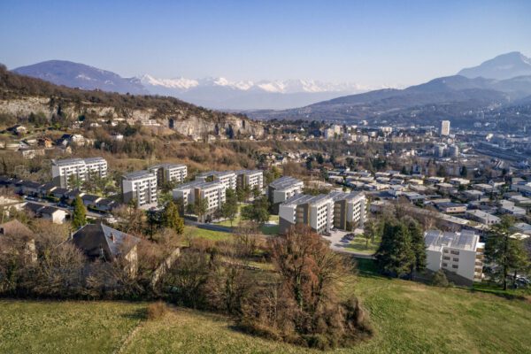 Concours réhabilitation Logements, vue aérienne d'intégration 3D, Architecture contemporaine et réhabilitation en 3D