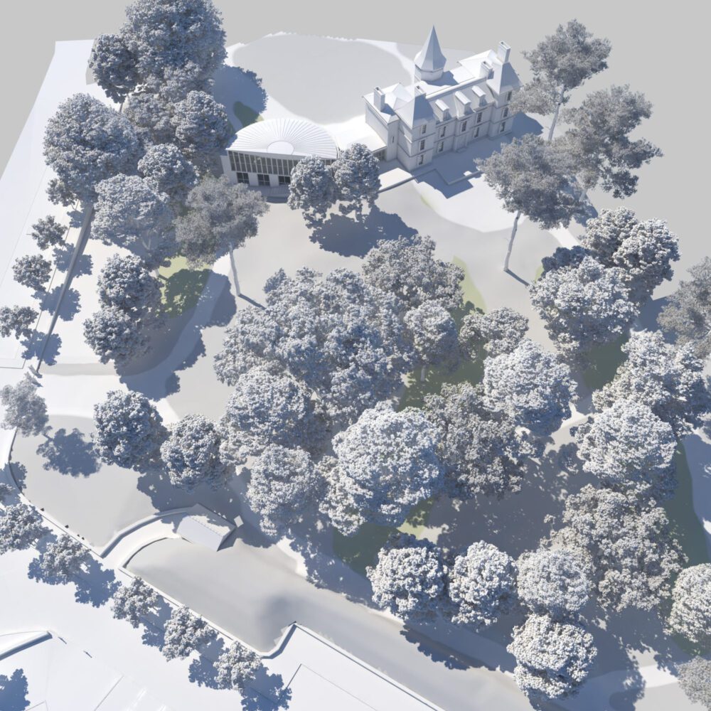 Concours réhabilitation Chateau , Patrimoine architecturale, vue aérienne d'intégration 3D Architecture contemporaine et réhabilitation en 3D