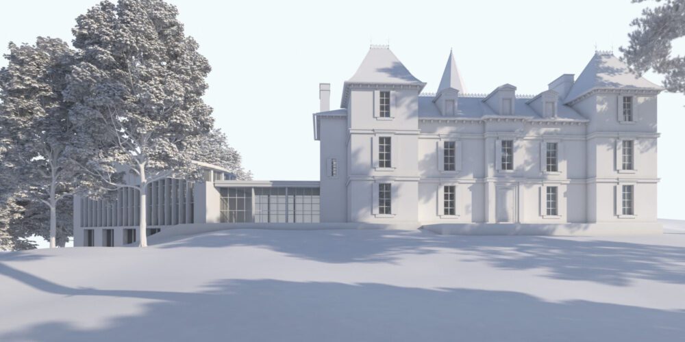 Concours réhabilitation Chateau , Patrimoine architecturale, vue aérienne d'intégration 3D Architecture contemporaine et réhabilitation en 3D