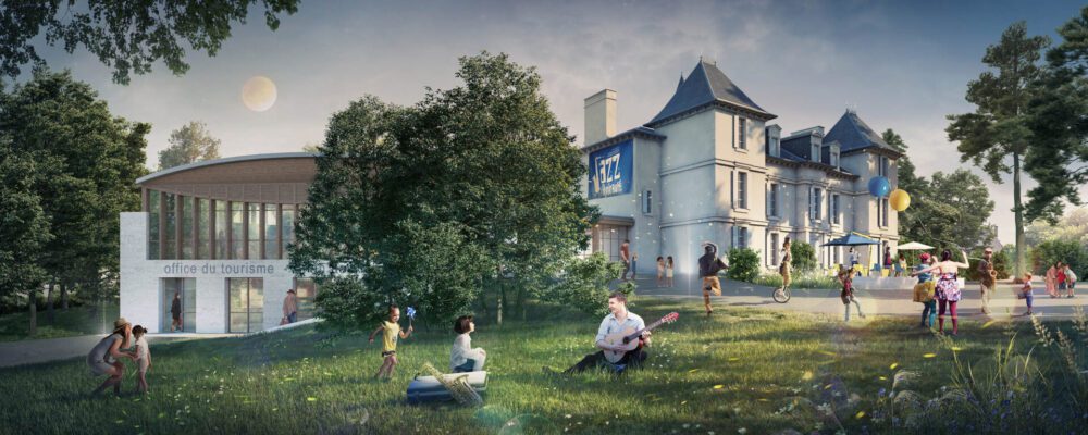 Concours réhabilitation Chateau , Patrimoine architecturale, vue aérienne d'intégration 3D Architecture contemporaine et réhabilitation en 3D