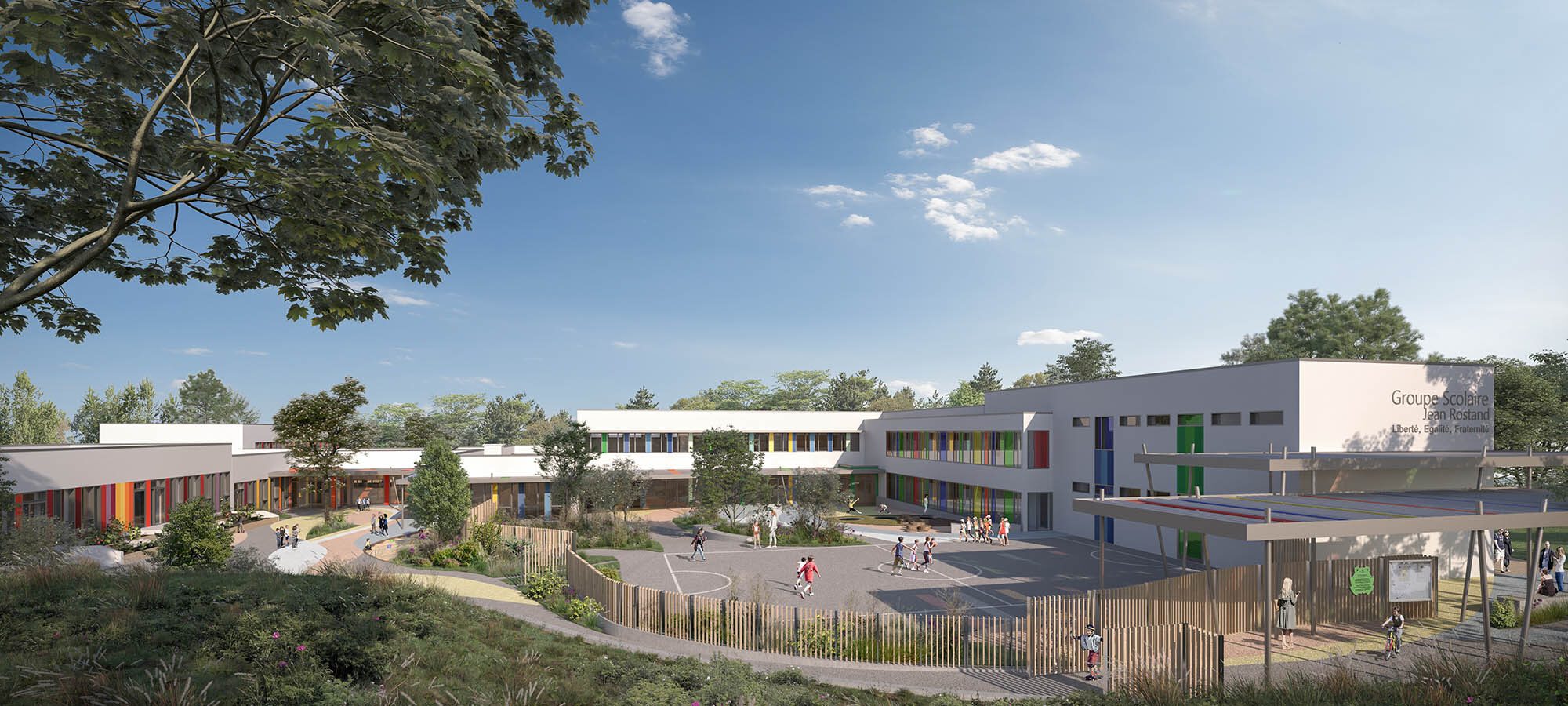 Concours du nouveau groupe scolaire de Riom, extension et réhabilitation 3D, perspective intérieure et extérieure