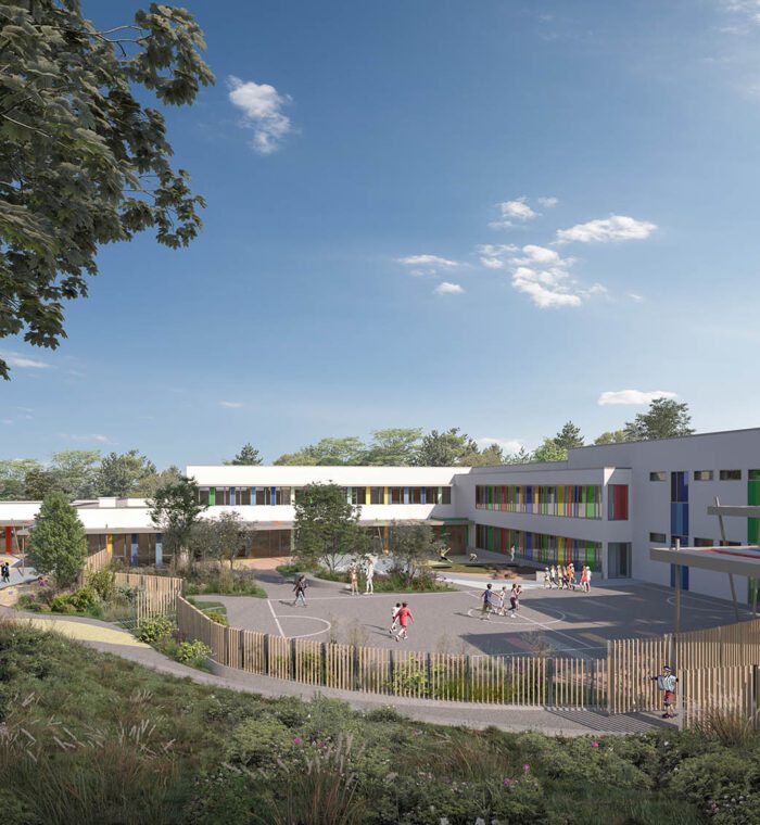 Concours du nouveau groupe scolaire de Riom, extension et réhabilitation 3D, perspective intérieure et extérieure