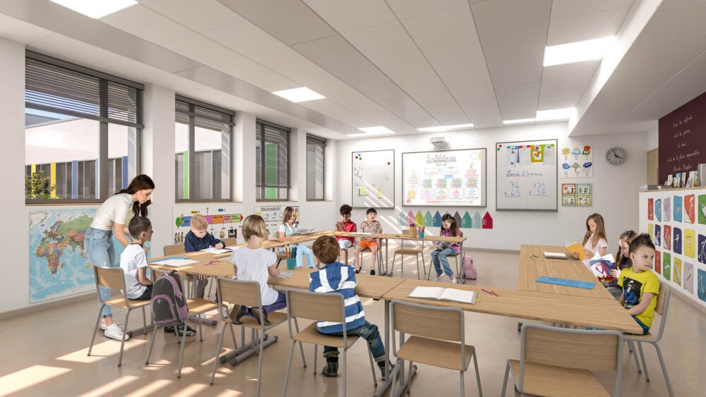 Concours du nouveau groupe scolaire de Riom, extension et réhabilitation 3D, perspective intérieure et extérieure