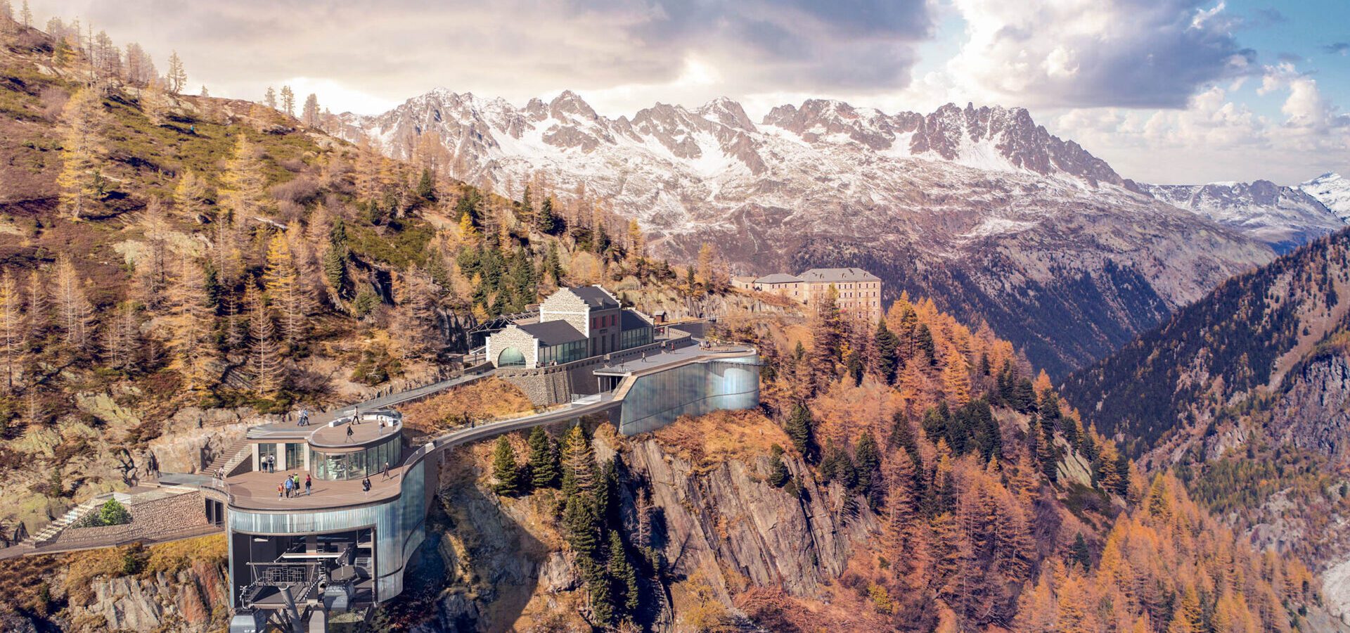 Projet de la mer de glace extension et réhabilitation de la gare du Montenvers Cahamonix, Mont Blanc, vue drone d'intégration et modélisation du projet dans le site