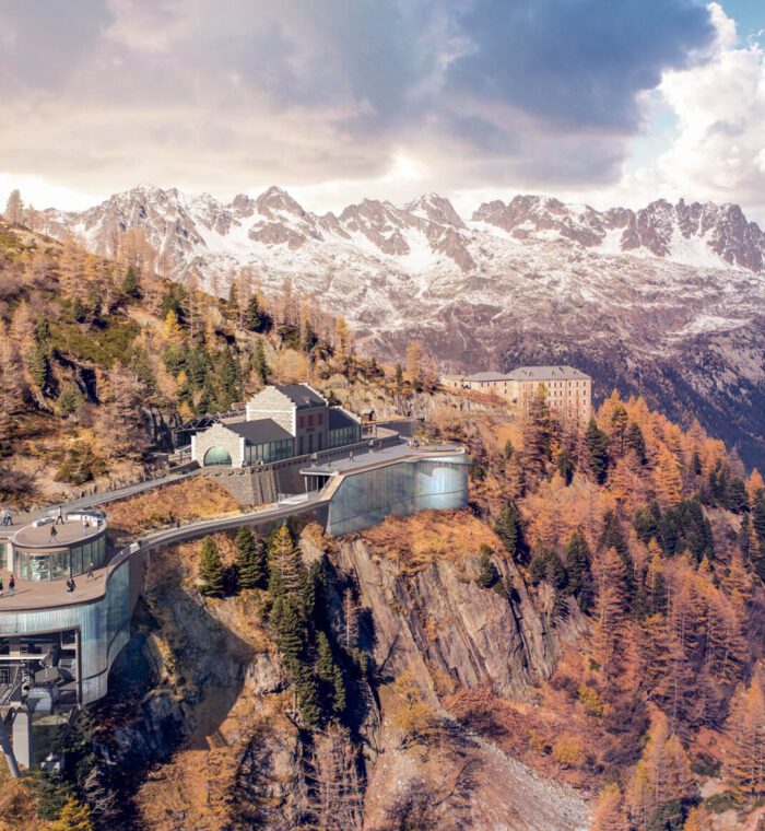 Projet de la mer de glace extension et réhabilitation de la gare du Montenvers Cahamonix, Mont Blanc, vue drone d'intégration et modélisation du projet dans le site