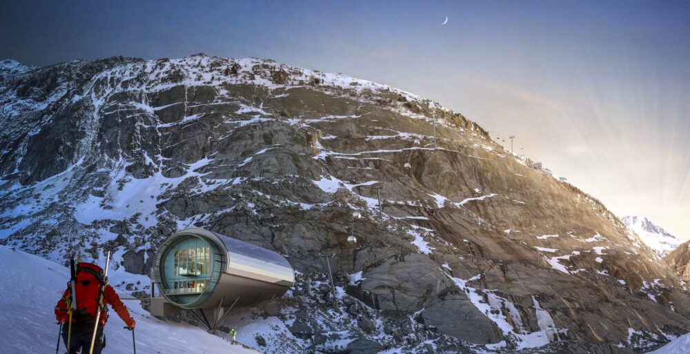 Projet de la mer de glace extension et réhabilitation de la gare du Montenvers Cahamonix, Mont Blanc, vue drone d'intégration et modélisation du projet dans le site