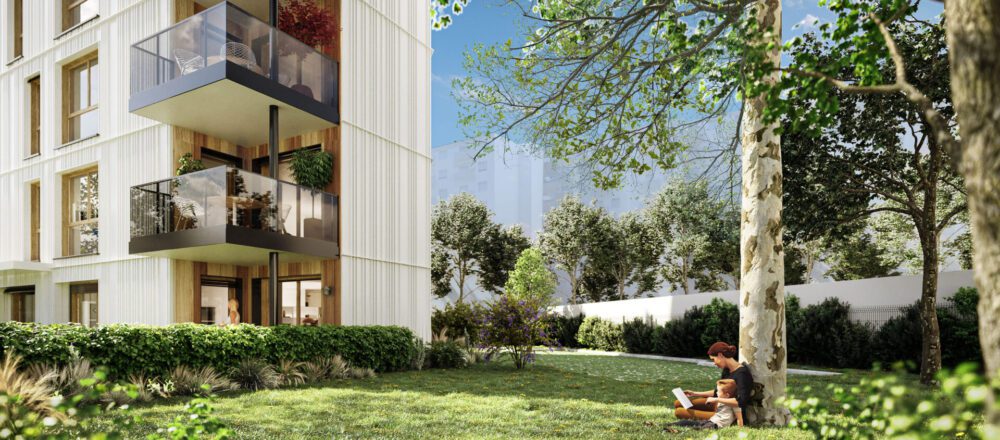 Perspective créée pour de la promotion immobilière Projet immobilier haut de gamme à Annecy Perspective 3D piétonne sur parc paysager 3D