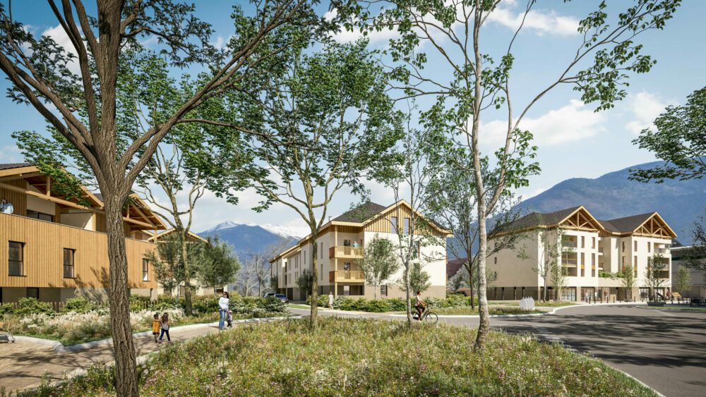 Perspectives pour projet immobilier à Gilly sur Isère Projet immobilier Gilly sur Isère. Concours d'architecture lauréat Perspective extérieure piétonne , sur une architecture bois haut de gamme Avec QUATRIMMO et LesAteliers4+