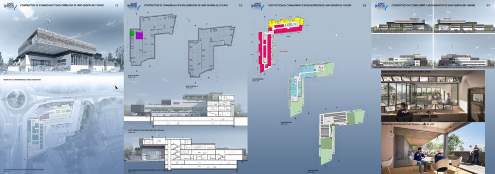 panneaux de concours, rendu de perspective façades et plan masse, concours public