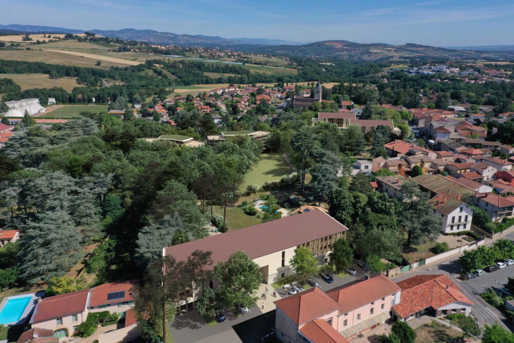 Insertion 3D - Opération immobilière à Lentilly Perspective aérienne avec intégration photo drone Perspective créée pour un concours d'architecture Projet immobilier haut de gamme à Lentilly Réalisation en partenariat avec VINCI IMMOBILIER LYON