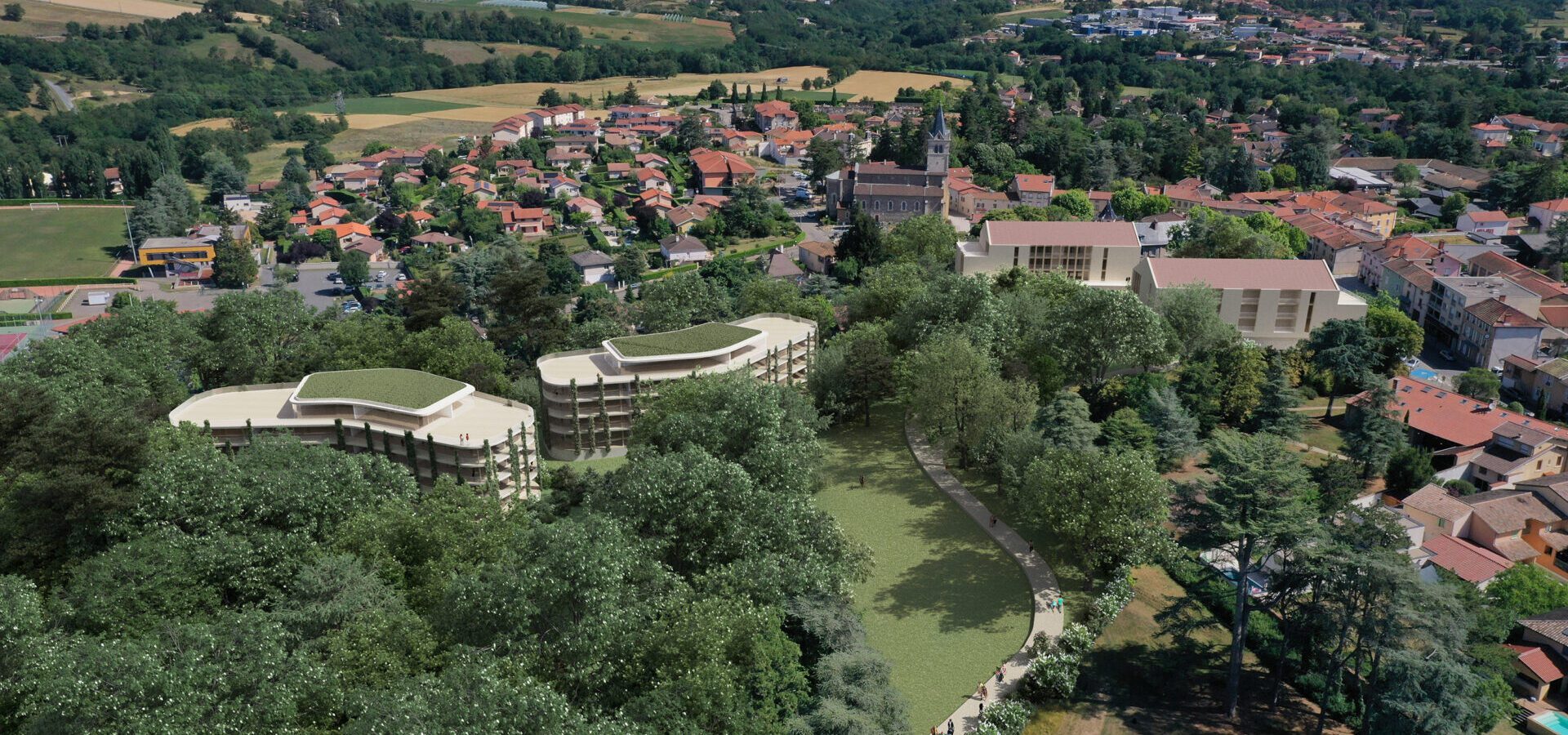 Insertion 3D - Opération immobilière à Lentilly Perspective aérienne avec intégration photo drone Perspective créée pour un concours d'architecture Projet immobilier haut de gamme à Lentilly Réalisation en partenariat avec VINCI IMMOBILIER LYON