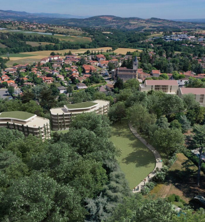 Insertion 3D - Opération immobilière à Lentilly Perspective aérienne avec intégration photo drone Perspective créée pour un concours d'architecture Projet immobilier haut de gamme à Lentilly Réalisation en partenariat avec VINCI IMMOBILIER LYON