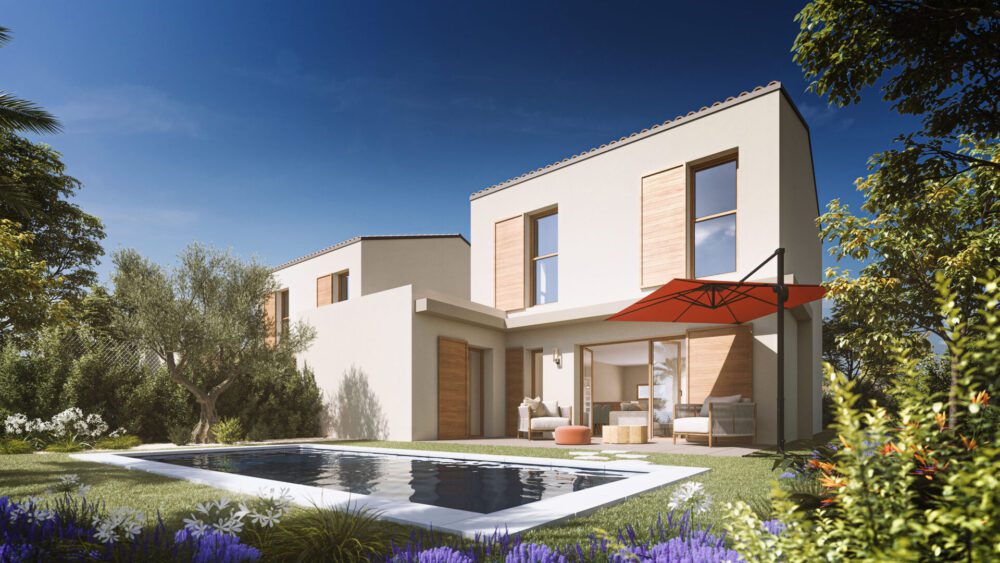 Perspective extérieure - projet Terre Aquila - Ménerbes Perspective créée pour de la promotion immobilière Projet immobilier haut de gamme dans le Vaucluse Perspective 3D piétonne sur jardin paysager 3D