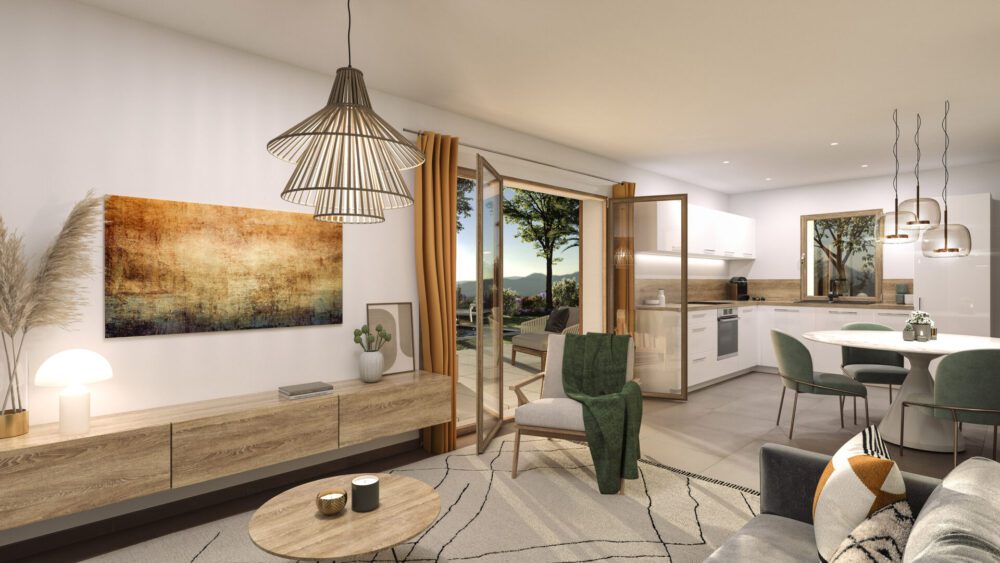 Perspective intérieure - projet Terre Aquila - Ménerbes Perspective créée pour de la promotion immobilière Projet immobilier haut de gamme dans le Vaucluse Perspective 3D intérieure de nuit sur salon 3D