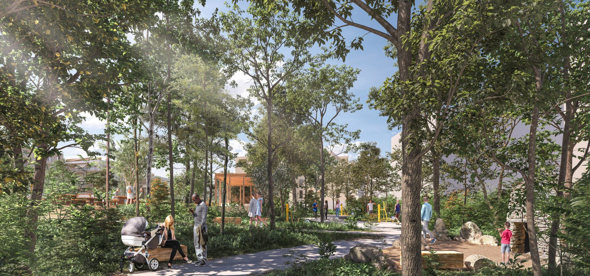 Projet urbain - Villefranche sur Sâone Réalisation des images 3D du futur Parc Simone Veil , dans la ZAC Montplaisir-Quarantaine Travail en collaboration avec le paysagiste EQUINOXE Paysage et le Groupe SERL Paysage 3D, potagers 3D, aménagements 3D extérieurs