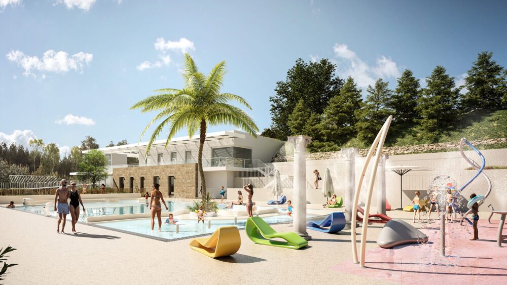Vue du bassin - Piscine Valdonne - Ineastudio Concours architecture pour la piscine de Valbonne, intégration 3D sur photographie aérienne Piscine contemporaine dans un écrin de verdure