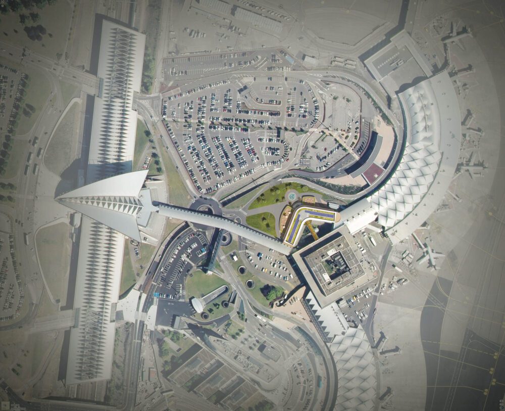 concours pour le nouvel hôtel Tulipe , aéroport de Lyon Saint Exupéry, perspective d'ambiance 3D intérieure, modélisation SPA, vue extérieure