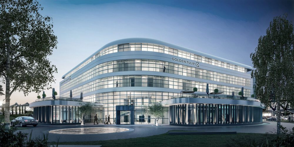 concours pour le nouvel hôtel Tulipe , aéroport de Lyon Saint Exupéry, perspective d'ambiance 3D intérieure, modélisation SPA, vue extérieure