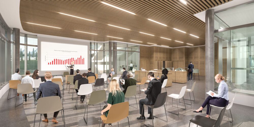 concours pour le nouvel hôtel Tulipe , aéroport de Lyon Saint Exupéry, perspective d'ambiance 3D intérieure, modélisation SPA, vue extérieure