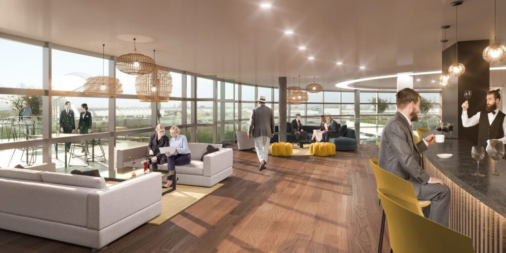 concours pour le nouvel hôtel Tulipe , aéroport de Lyon Saint Exupéry, perspective d'ambiance 3D intérieure, modélisation SPA, vue extérieure
