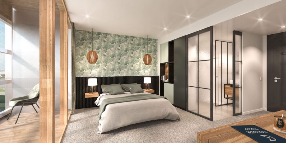 concours pour le nouvel hôtel Tulipe , aéroport de Lyon Saint Exupéry, perspective d'ambiance 3D intérieure, modélisation SPA, vue extérieure