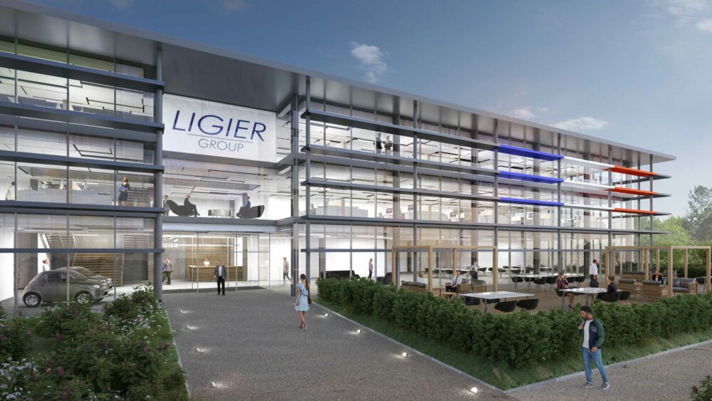 siège social groupe LIGIER Clermont Ferrand, perspective 3D extérieure et intérieure, rendu 3D, ambiance nocturne