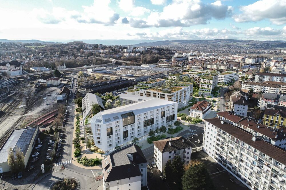 Concours logements, AAGGROUP, Sud Architectes, PRIAMS, perspective aérienne, perspective 3D, intégration drone