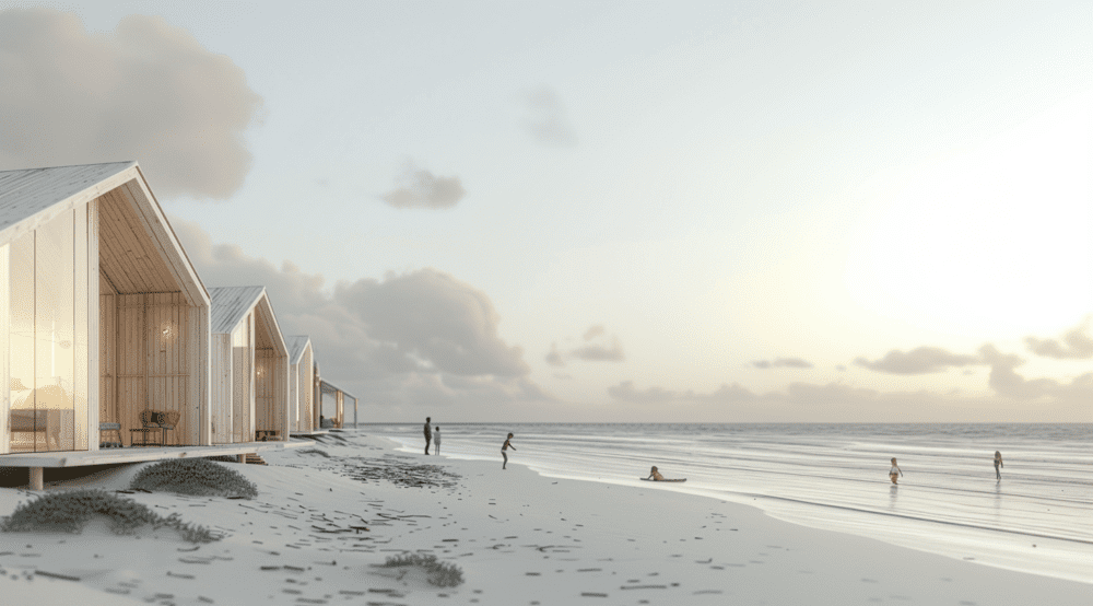 perspective extérieure, perspective intérieure, complexe hotelier et village vacances à l'ile de ré, 3D , immobilier de luxe, immobilier haut de gamme